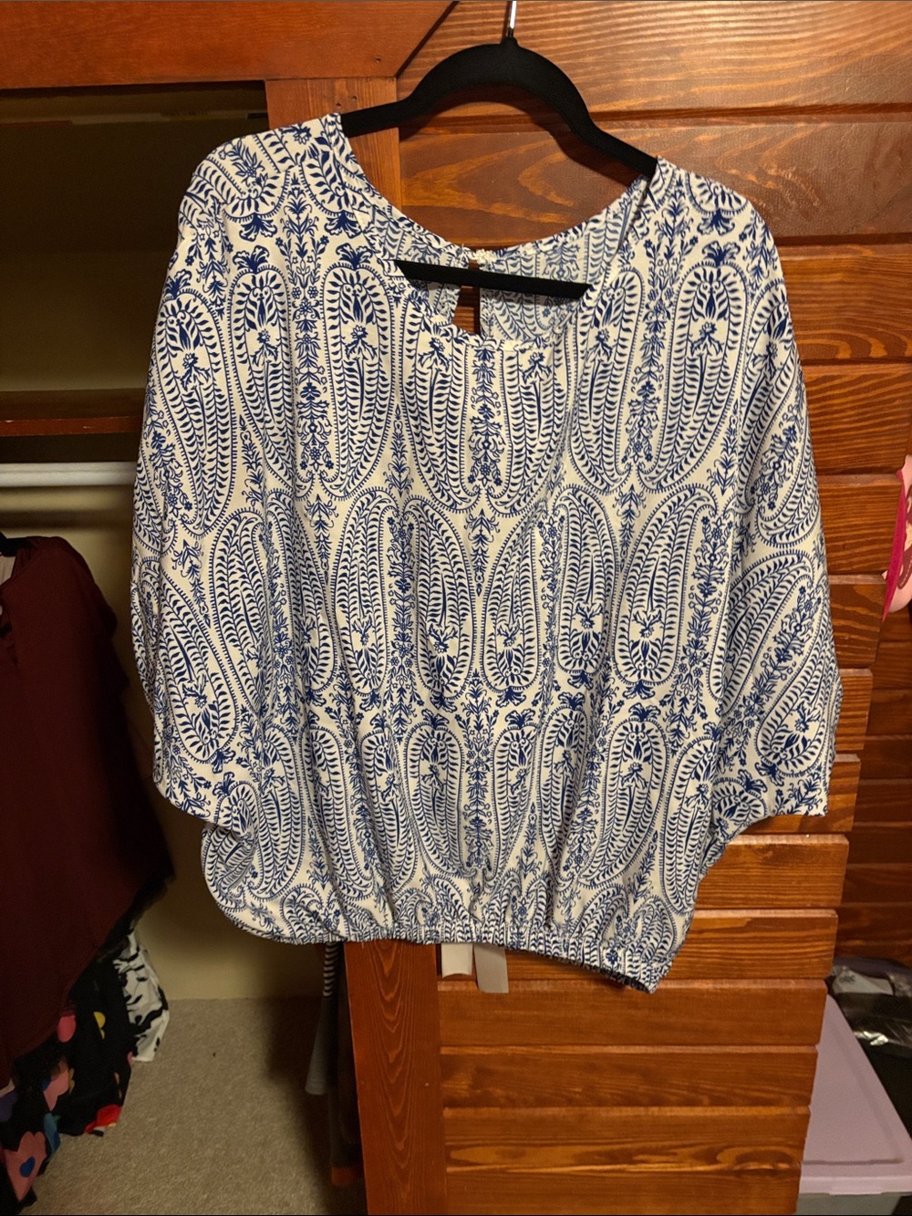 Womens Blue & White Printed Blouse - Relaxed Boatneck Top
